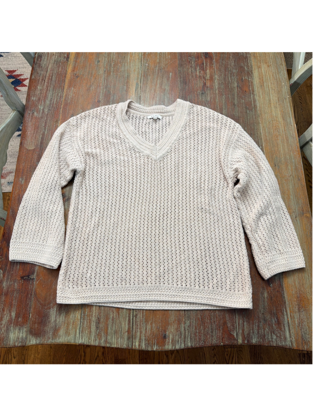 Z Supply Beige Open Knit V-Neck Pullover Sweater XS Lightweight Crochet Cotton